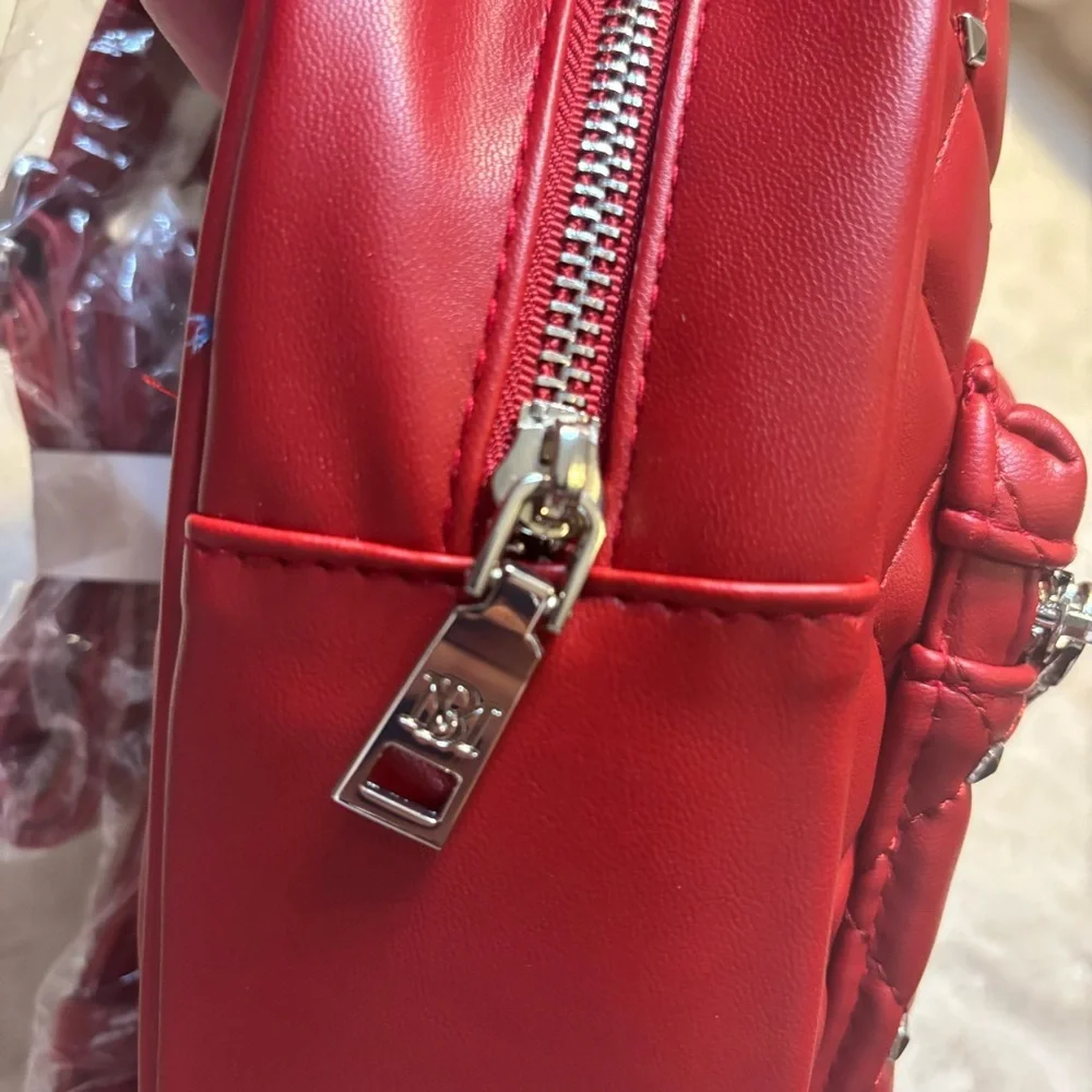 NWT Badgley Mischka Mini Backpack Red Quilted Silver Studded Vegan Leather New